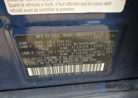 2011 Subaru Outback 2.5I Limited from USA, damaged, VIN 4S4BRBLC1B3436000